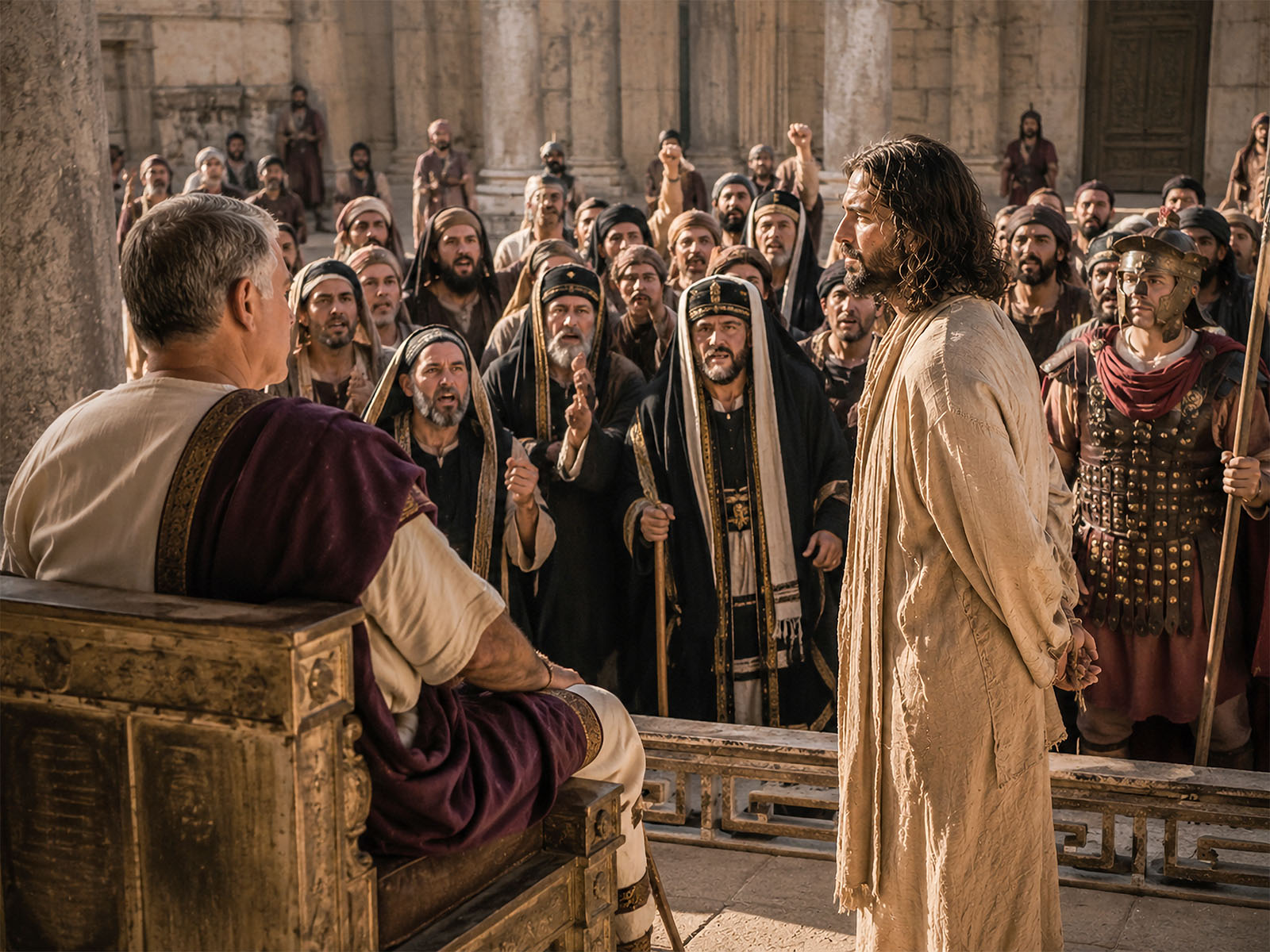Jesus stands before Pilate as the crowd and temple leaders demand His crucifixion.